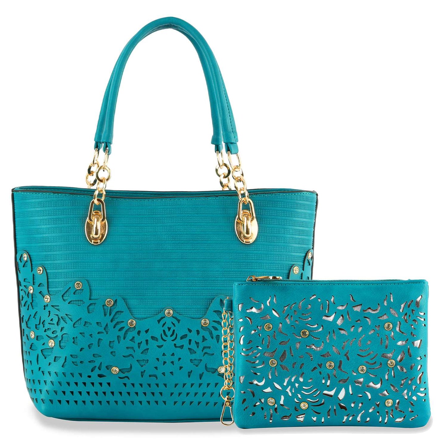 Rhinestone Accent Accessorized Handbag Set: Dark Turquoise