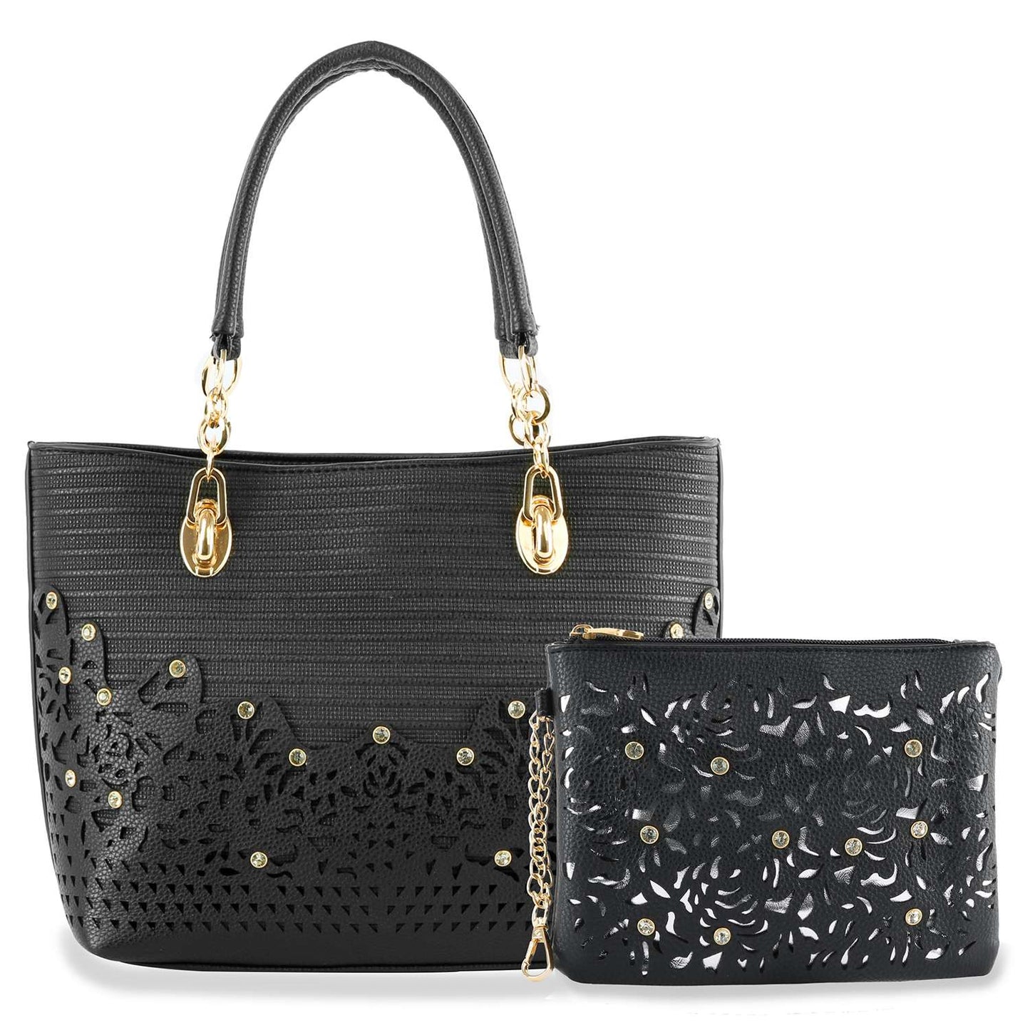 Rhinestone Accent Accessorized Handbag Set: Black