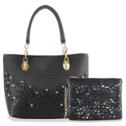 Rhinestone Accent Accessorized Handbag Set: Black