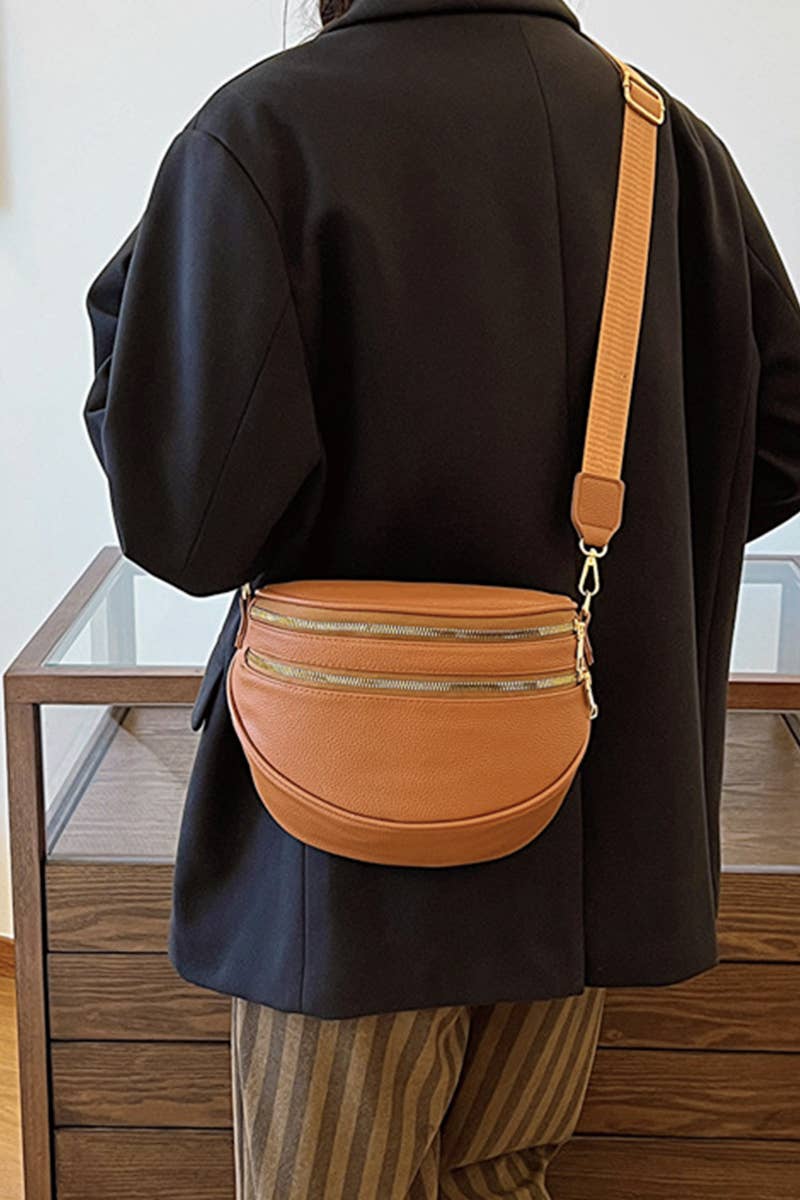 Vegan Leather Multi Pocket Crossbody Bag: Camel Brown