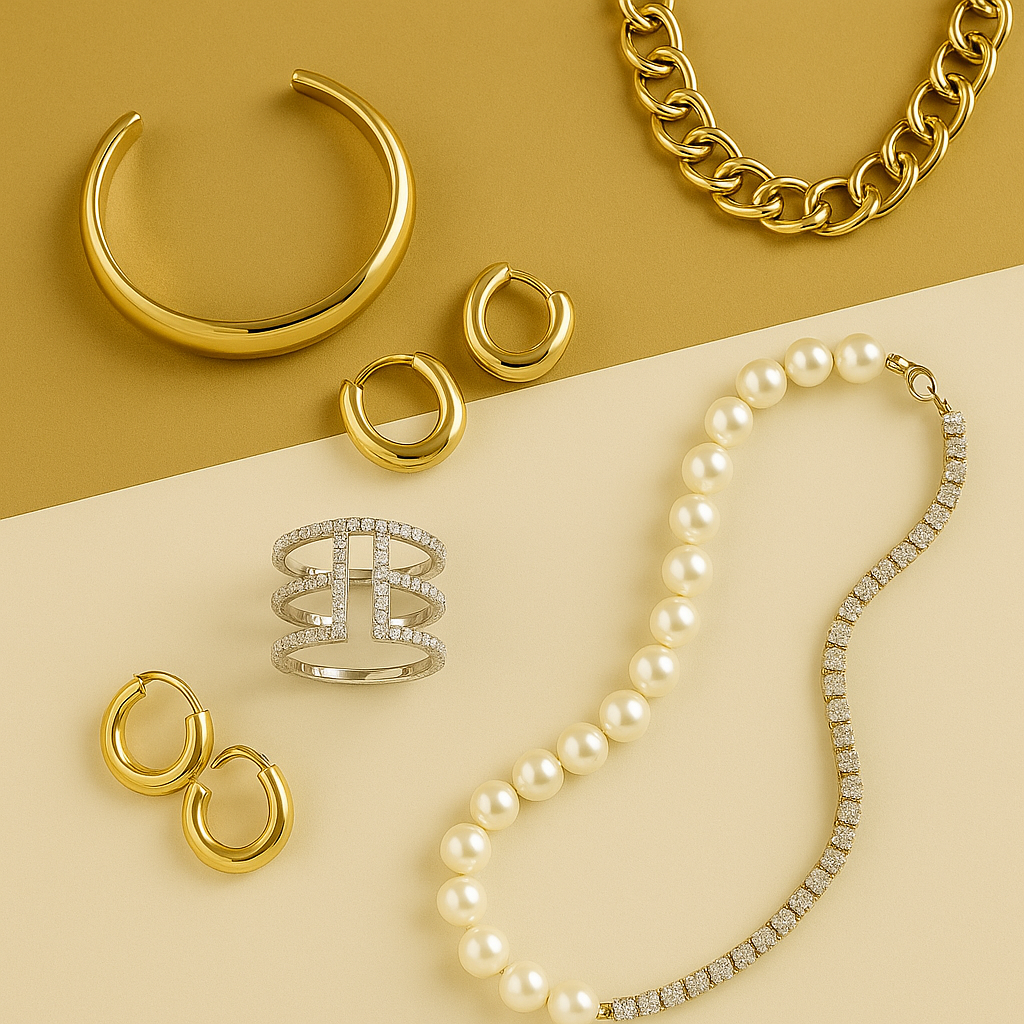 Women’s gold jewelry – luxury earrings, bangles, and necklace sets styled for modern elegance