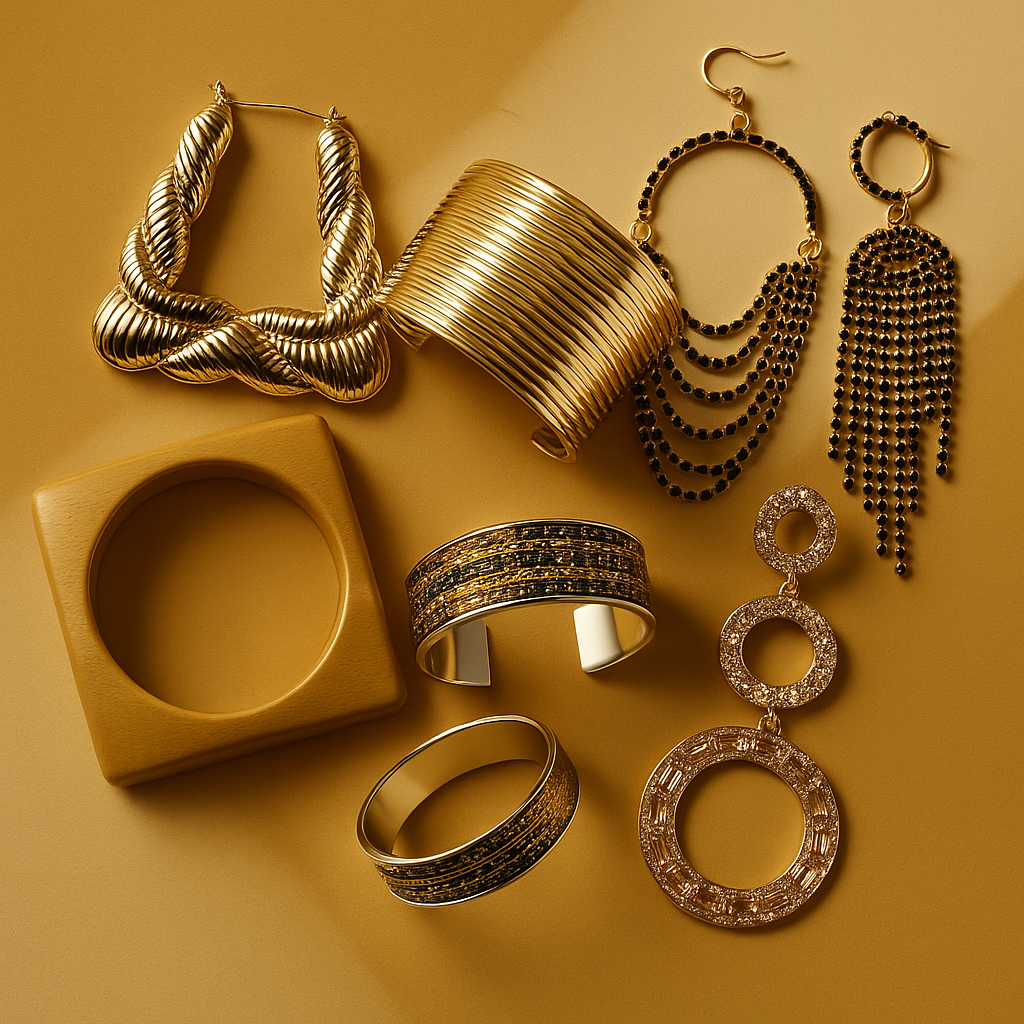 Women’s gold jewelry – luxury earrings, bangles, and necklace sets styled for modern elegance.