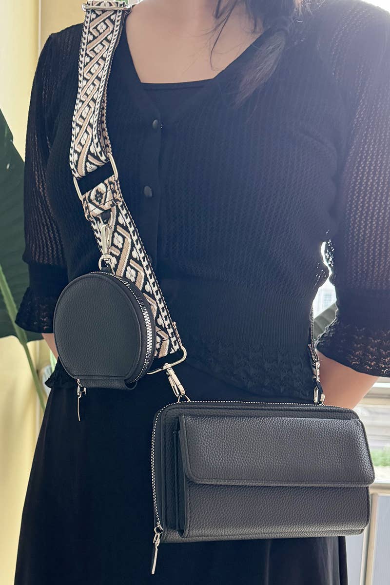 `Vegan Leather Woven Weaved Crossbody Shoulder Bag: Black