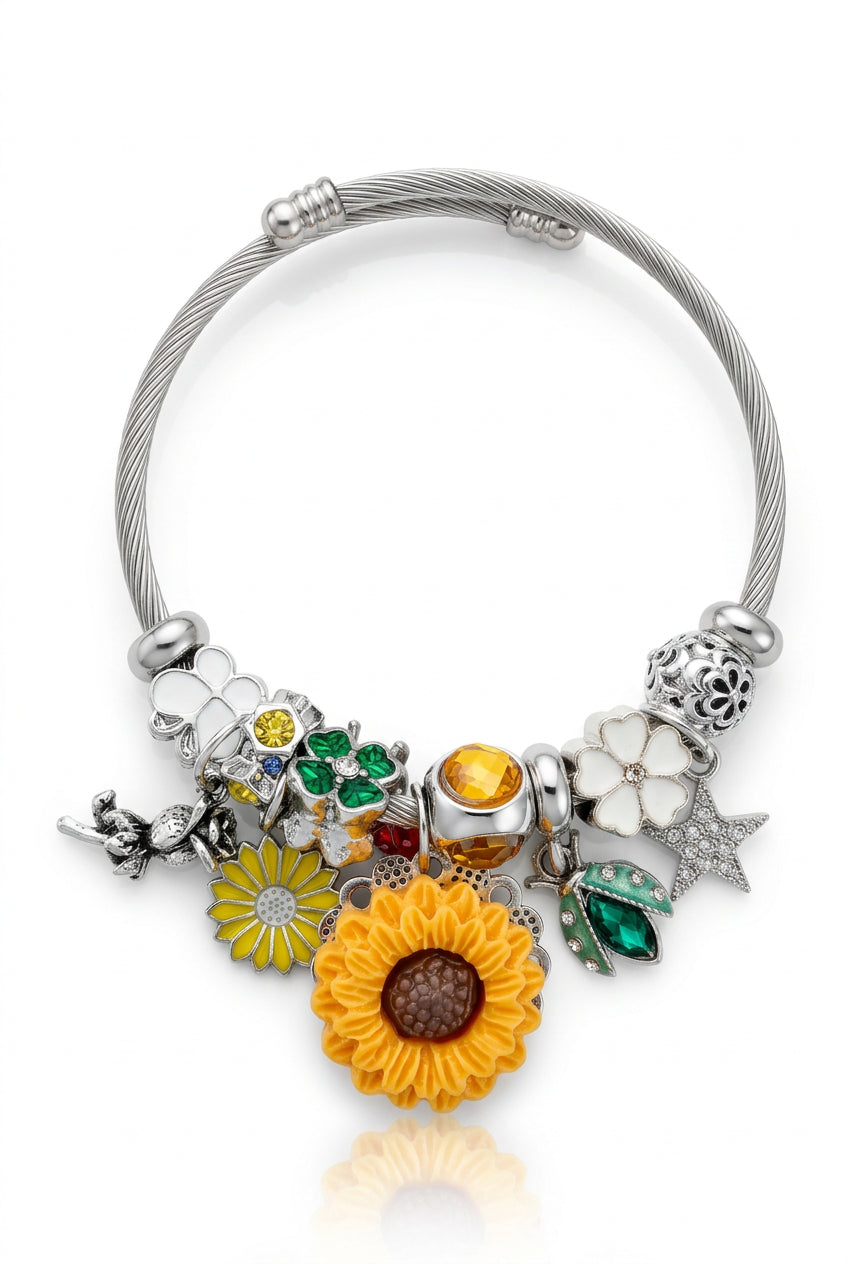 Stainless steel Sunflower & Ladybug Nature Bangle Charm Bangle