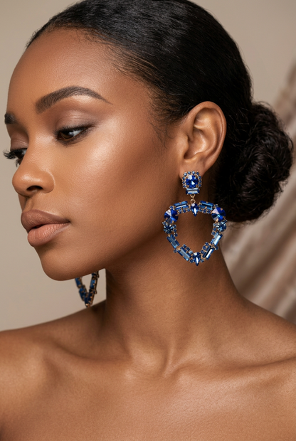 Cobalt Blue Crystal Heart Drop Earrings