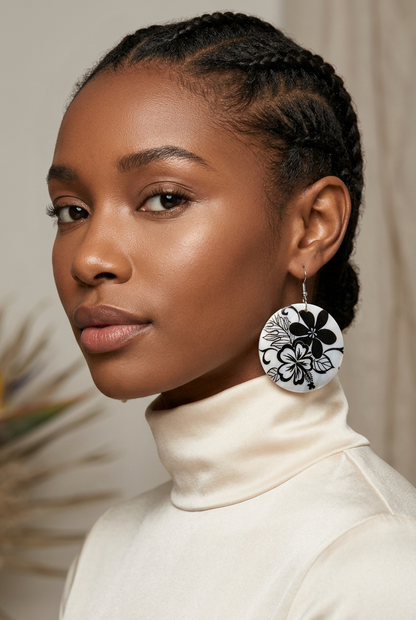 Graphic Tropical Hibiscus Shell Earrings-Black & White Botanical Discs
