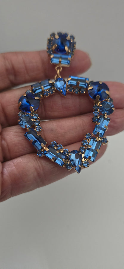 Cobalt Blue Crystal Heart Drop Earrings