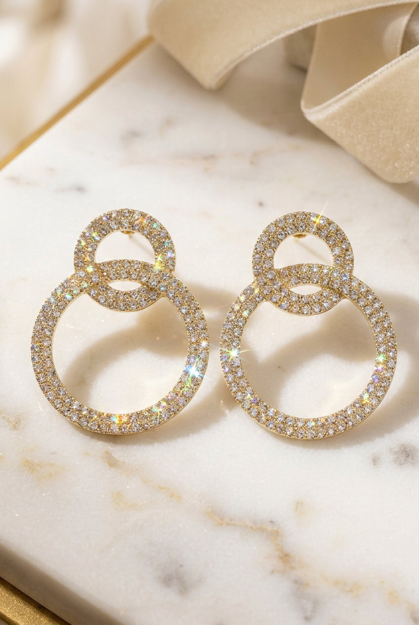 Rhinestone Double Interlocking Circle Drop Earrings