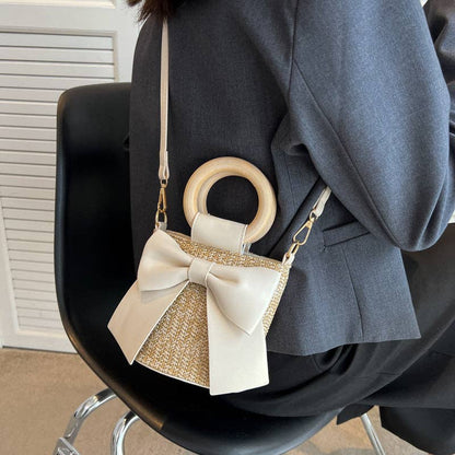 Bohemian Style Fashion Bow Woven Straw Bucket Bag: White / One Size