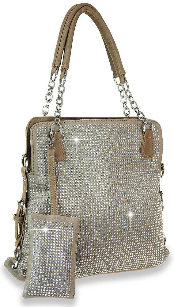 Rhinestone Covered Accessorized Shoulder Bag: Taupe