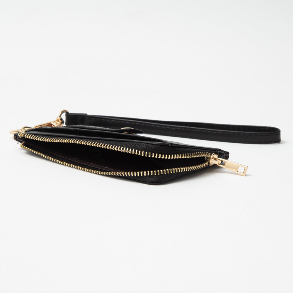Faux Leather Basket Weave Flat Card Holder Wallet with Wristlet-Bronze