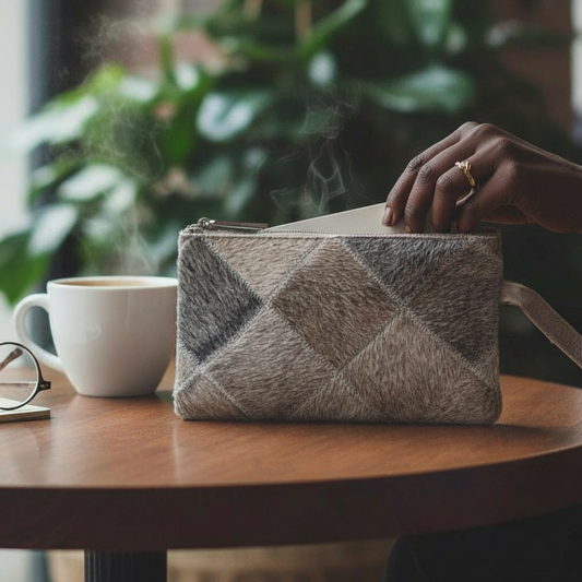 Leather fur patchwork wristlet pouch with zipper closure – chic accessory for cross-body women handbags.