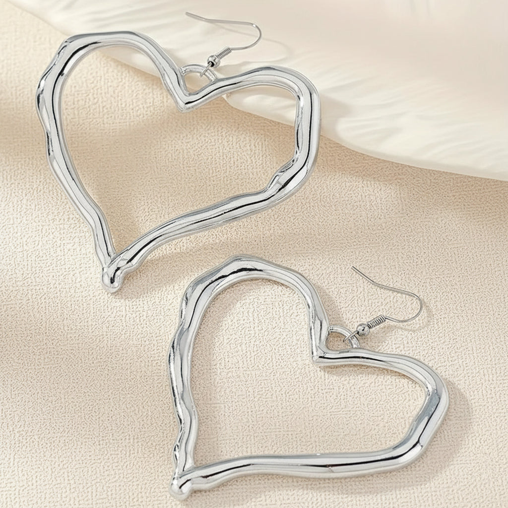 Chunky Gold Heart Drop Earrings - Silver