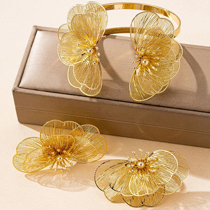 Metallic gold-tone wire floral Statement Cuff Bracelet & Ring Set