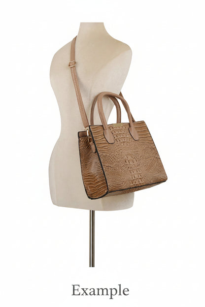 Crocodile Embossed Three Piece Tote Set- Black