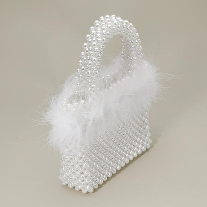 Feather Embellished Open Top Mini Tote/Small Satchel Bag-Rhodium White