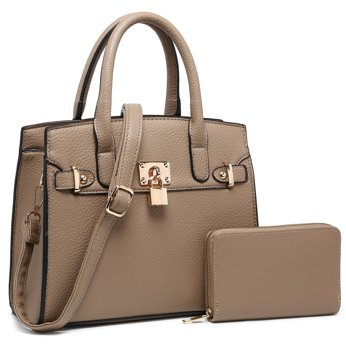 Classic Lock Satchel Handbag & Wallet Set – Stone