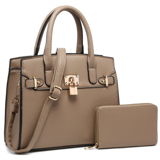 Classic Lock Satchel Handbag & Wallet Set – Stone