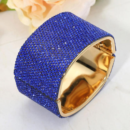 Wide Rhinestone Paved Hinged Evening Bangle Bracelet (Blue & Gold)
