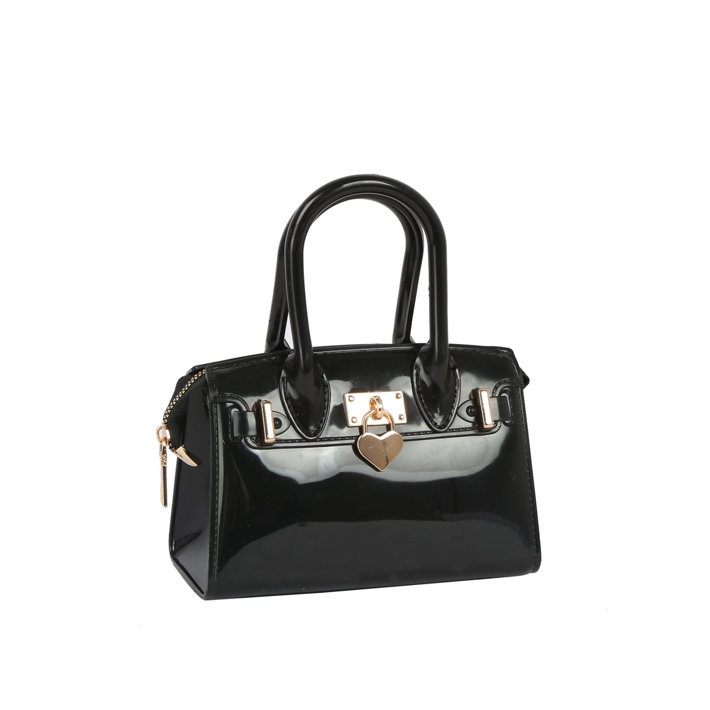 Patent Top Handle Mini Satchel Handbag - Black