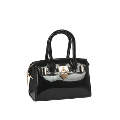 Patent Top Handle Mini Satchel Handbag - Black
