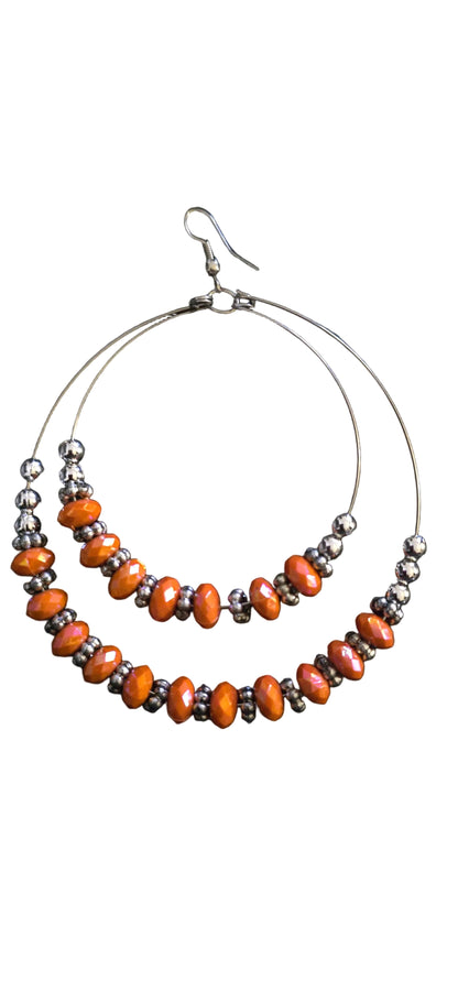 Sunset Glow Beaded Hoop Earrings-Orange&Silver