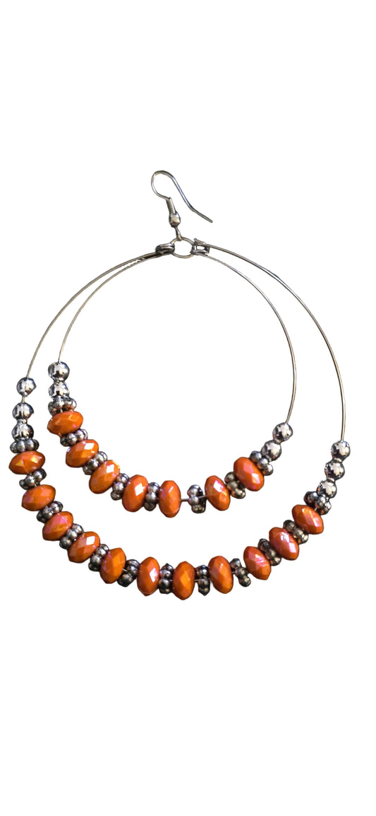 Sunset Glow Beaded Hoop Earrings-Orange&Silver