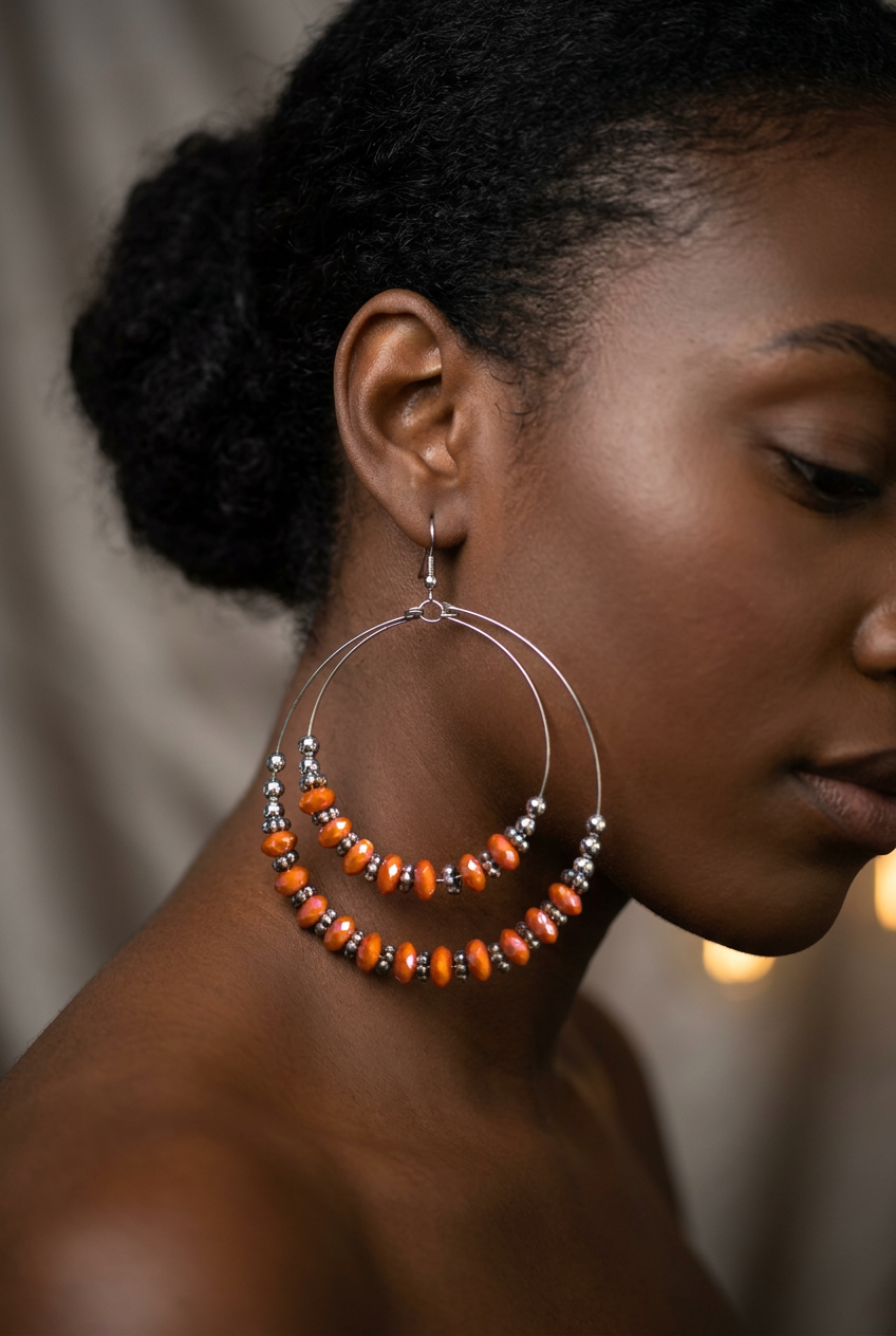 Sunset Glow Beaded Hoop Earrings-Orange&Silver