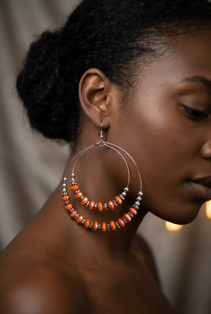 Sunset Glow Beaded Hoop Earrings-Orange&Silver