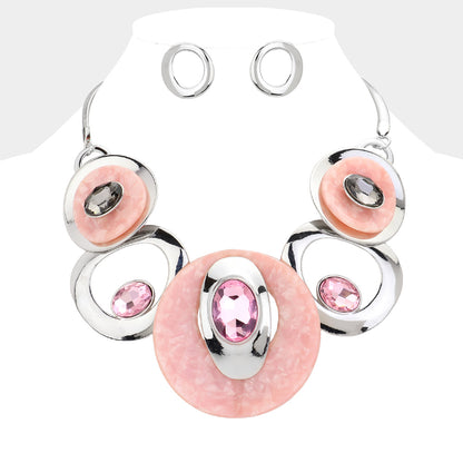 Celluloid Acetate Glass Stone Metal Statement Necklace-Pink & Silver