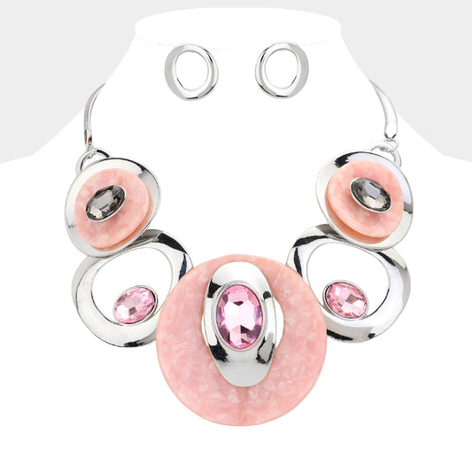 Celluloid Acetate Glass Stone Metal Statement Necklace-Pink & Silver