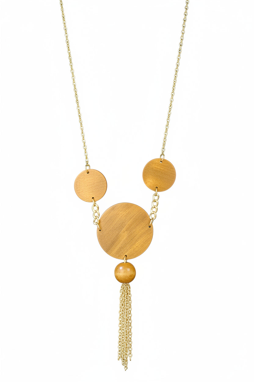 Aura Geometric Wood & Tassell Necklace-Brown & Gold