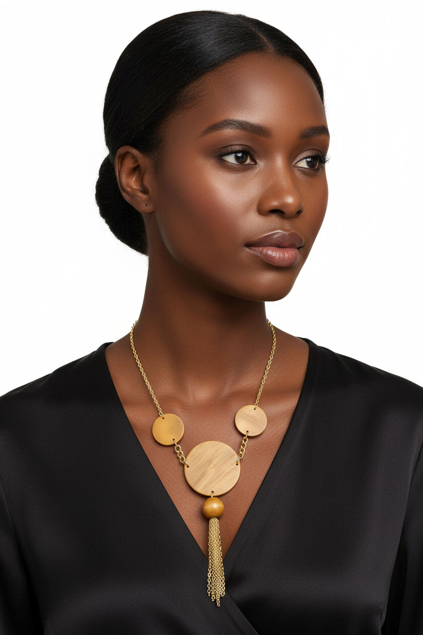Aura Geometric Wood & Tassell Necklace-Brown & Gold