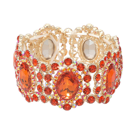 Oval Stone Accented Link Stretch Evening Bracelet - Orange & Gold