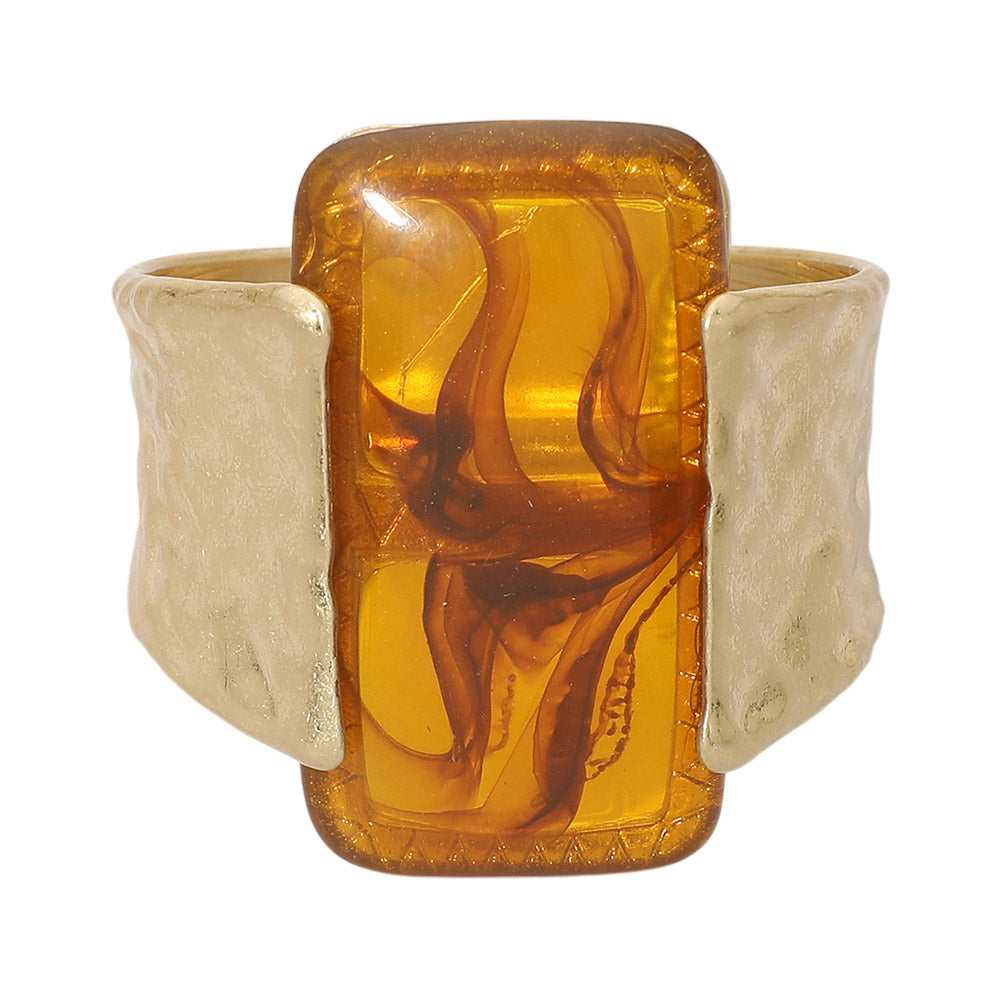 Bold Marbled Rectangular Resin Accent Hinged Statement Bangle Bracelet - Gold, Tortoise