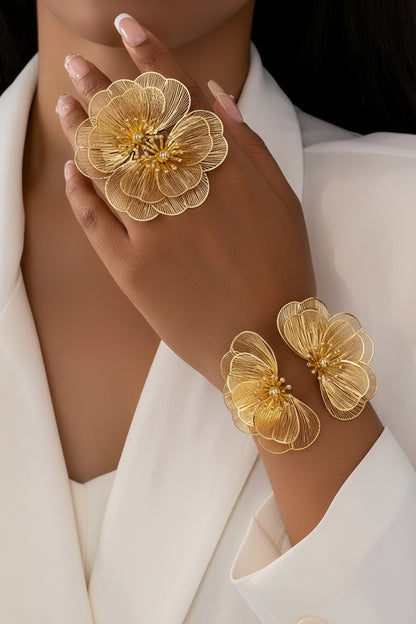 Metallic gold-tone wire floral Statement Cuff Bracelet & Ring Set