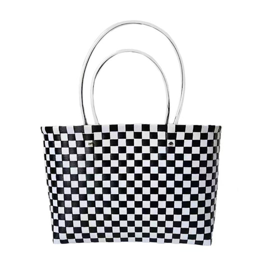Jelly Tube Top Handle Basket Weave Tote Bag / Shoulder Bag - Black & White