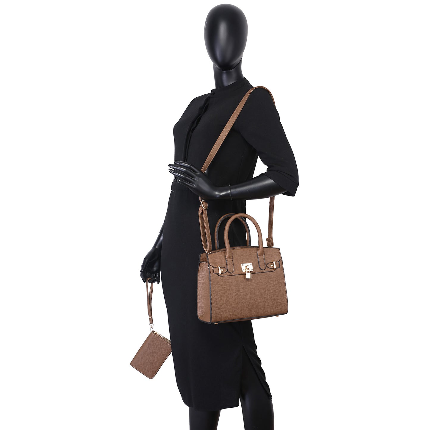 Classic Lock Satchel Handbag & Wallet Set – Stone