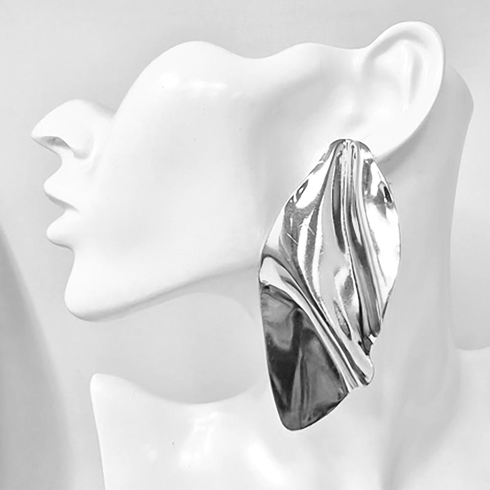 Oversized Sculpted Metal Plate Drop Statement Earrings - Silver