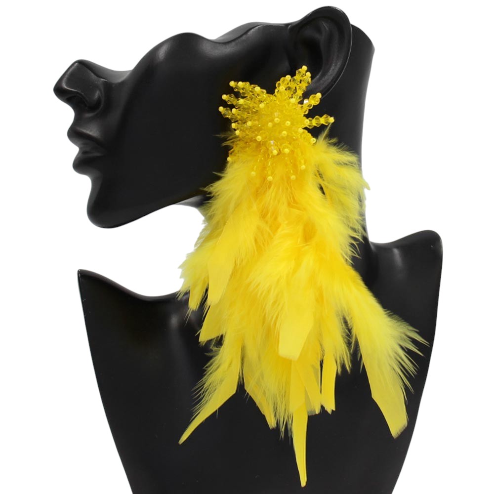 Bold Beaded Starburst Feather Drop Statement Earrings - Yellow
