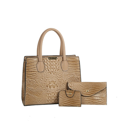 Crocodile Embossed Three Piece Tote Set- Black
