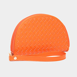 Faux Leather Basket Weave Half Moon Shaped Wristlet Wallet - Orange