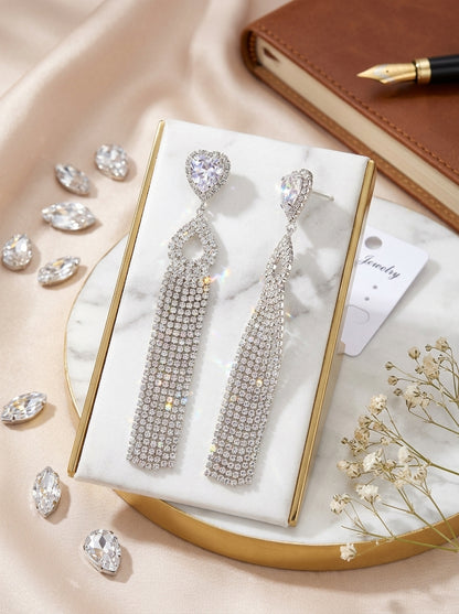 Sparkling Rhinestone Heart Drop Tassel Earrings