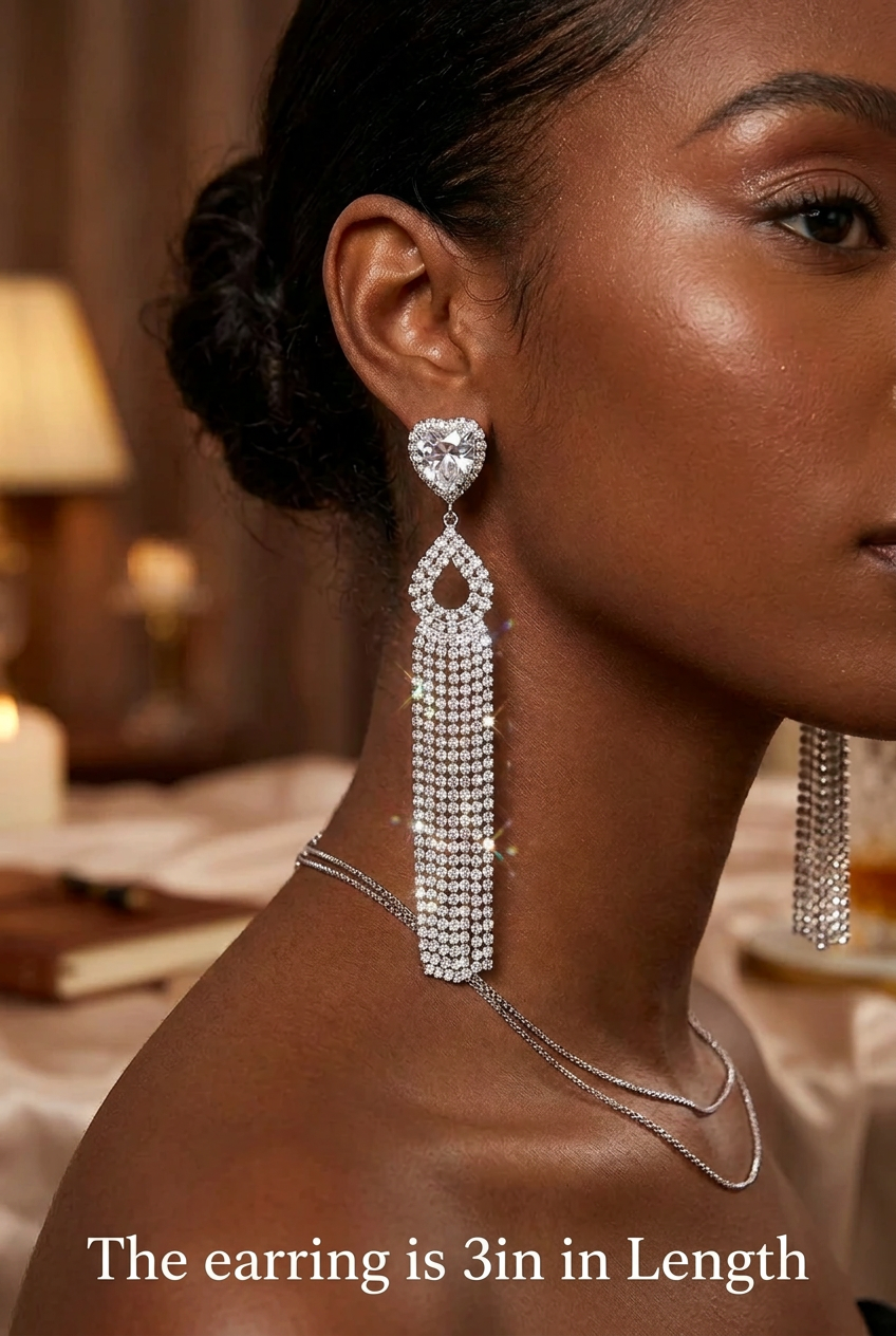 Sparkling Rhinestone Heart Drop Tassel Earrings
