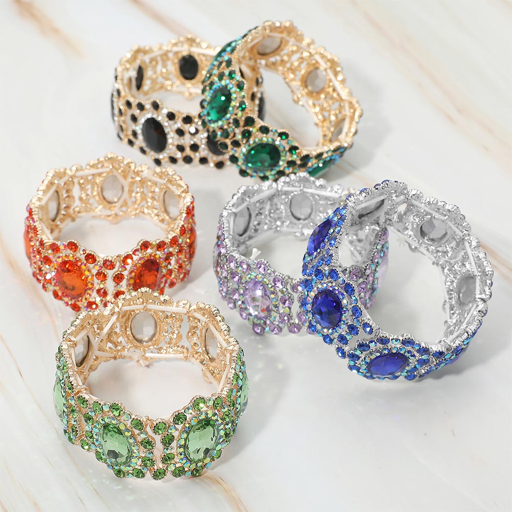Oval Stone Accented Link Stretch Evening Bracelet - Green & Gold