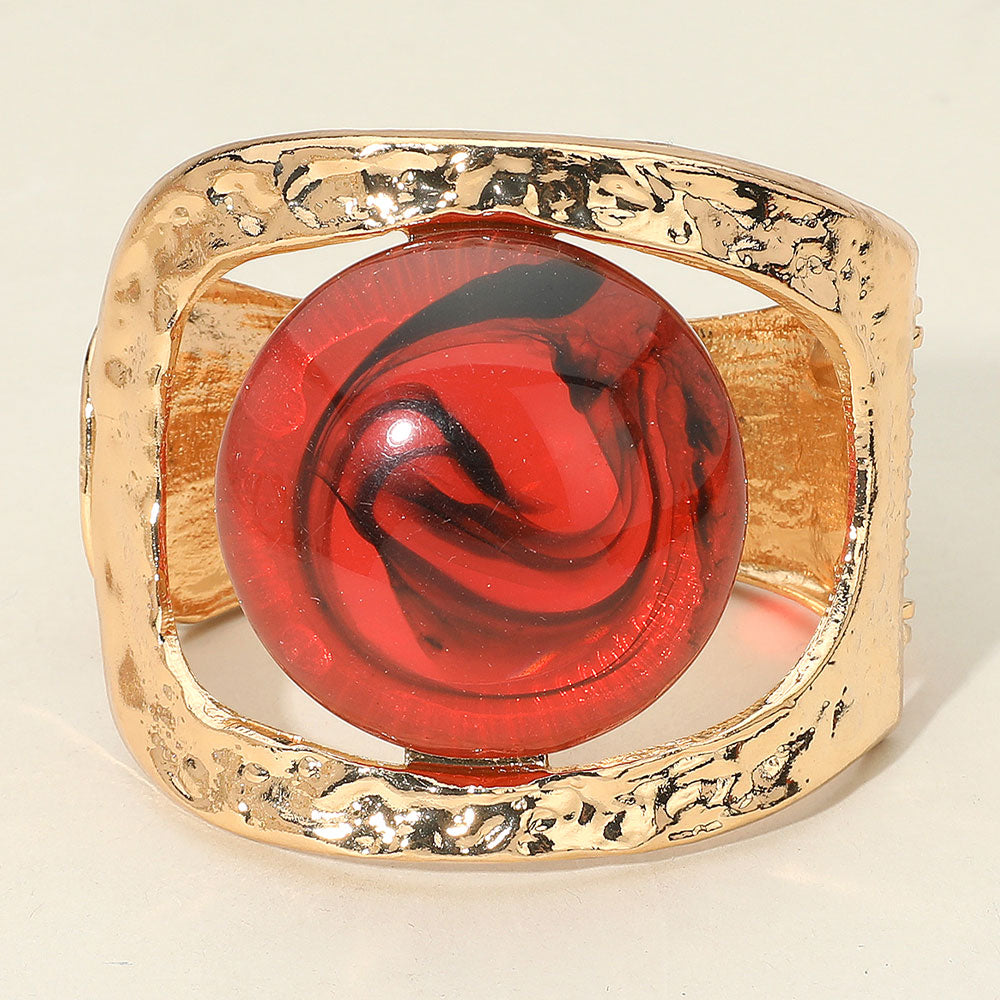 Bold Swirl Resin Stone Hammered Metal Hinged Bangle Bracelet - Red & Gold
