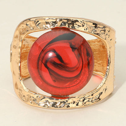 Bold Swirl Resin Stone Hammered Metal Hinged Bangle Bracelet - Red & Gold