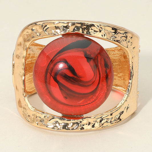 Bold Swirl Resin Stone Hammered Metal Hinged Bangle Bracelet - Red & Gold