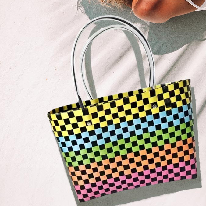Jelly Tube Top Handle Basket Weave Tote Bag / Shoulder Bag - Black & Multi