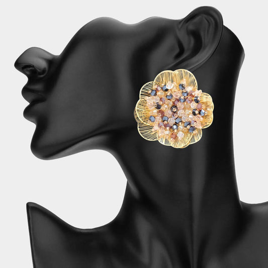 Bold Beaded Center Embellished Cutout Flower Statement Earrings-Gold & Multi